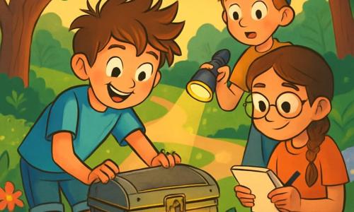 Un niño de 12 años, con el cabello despeinado y los ojos brillantes de curiosidad, se inclina emocionado sobre una antigua caja de metal, su rostro iluminado por la luz dorada del sol poniente. Lleva una camiseta azul brillante y un short de mezclilla, y sus manos están cubiertas de tierra, evidencia de su exploración. A su lado, una niña de 11 años, con trenzas castañas y gafas redondas, observa atentamente con un cuaderno en mano, lista para tomar notas. Otro niño de 12 años, con cabello castaño y una gorra, se mantiene un poco atrás, sosteniendo una linterna, con los ojos abiertos de asombro. El lugar es un parque verde, lleno de grandes árboles con hojas exuberantes, un sendero sinuoso bordeado de flores coloridas y un pequeño arroyo cercano. En el centro de la escena, la caja misteriosa está rodeada de hojas y ramas, creando una atmósfera de aventura y misterio. Los niños están en plena exploración, cautivados por el secreto que guarda la caja.