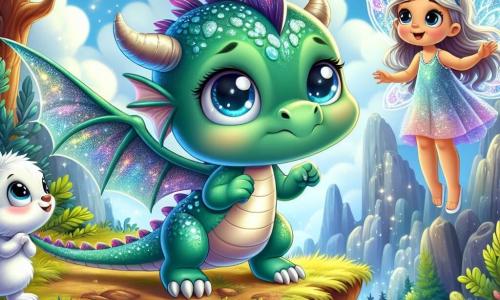 Ein kleiner Drache mit schimmernden grünen Schuppen, großen neugierigen Augen und einem Ausdruck von Aufregung und ein wenig Nervosität steht am Rand einer hohen Klippe. Seine Flügel sind ausgebreitet, bereit zum Abheben, während er den blauen Himmel mit weißen Wolken betrachtet. In der Nähe lächelt eine kleine Fee mit durchsichtigen, schimmernden Flügeln und lila Haaren, die im Wind wehen, ermutigend. Sie hebt die Arme, bereit, ihrer Freundin zu helfen, mit einem Ausdruck von Vertrauen und Freude. Ein mutiger kleiner Hase mit großen Ohren und weißem Fell steht etwas im Hintergrund, springt begeistert auf der Stelle und ist bereit, den Drachen anzufeuern. Die Szenerie zeigt eine wunderschöne verzauberte Waldlandschaft mit majestätischen Bäumen, bunten Blumen und einem sonnigen Himmel, der die Szene erhellt. Der Drache steht kurz davor, in die Leere zu springen, bereit, zum ersten Mal zu fliegen, umgeben von seinen Freunden, die ihn mit Lächeln und unterstützenden Gesten anfeuern.