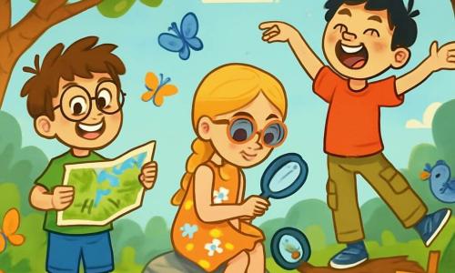 Er zijn 3 personages: - Max: een 10-jarig jongen met wild bruin haar en ronde brillen. Hij draagt een groene t-shirt en een blauwe short, en hij houdt een natuurkaart in zijn handen, glimlachend met enthousiasme. - Sophie: een 10-jarig meisje met lange gevlochten blonde haren en kleurrijke zonnebrillen. Ze draagt een bloemenjurk en sandalen, en ze observeert een insect met een vergrootglas, zittend op een steen. - Joris: een 10-jarig jongen met zwart haar en sproeten. Hij draagt een rode t-shirt en een cargobroek, en hij trekt een grappig gezicht terwijl hij een vogel imiteert, staand op een tak. De situatie speelt zich af in een prachtige open plek in een weelderig bos, omringd door grote bomen met stralende bladeren en kleurrijke bloemen die dansen in de wind. De zon schijnt door de takken en creëert zachte schaduwen op de grond. Kleurrijke vlinders fladderen om hen heen, en je kunt het gezang van de vogels horen in de blauwe lucht. De hoofdscène van het verhaal toont de drie vrienden die de opening van hun ecotoer vieren, omringd door bloemen en insecten. Ze zijn blij en enthousiast, delen hun ideeën over natuurbescherming, met kleurrijke borden en tuingereedschap naast hen.
