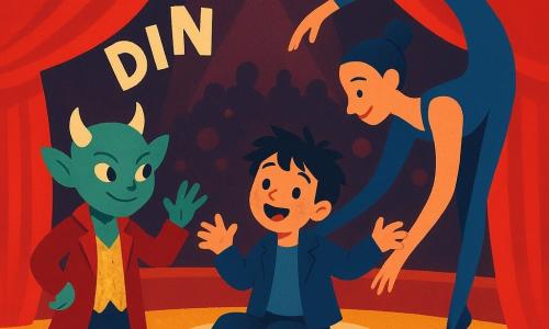 Nilo, protagonista: piccolo essere da circo metà bambino metà mostro, corna corte color gesso, occhi che cambiano dal verde menta al blu brillante, coda sottile annodata a forma di cuore, espressione maliziosa e rassicurante, in piedi ai margini della pista a fare effetti sonori con le mani, costume in velluto rosso e panciotto giallo con paillettes. Timo, personaggio secondario importante: ragazzo umano spettinato, giacca troppo grande, viso sorpreso e gioioso coperto di segatura, al centro della pista che ricade su un grande cuscino beige con le braccia aperte come se galleggiasse. Leda, contorsionista acrobata: donna snella in body blu notte, sorridente e concentrata, forma una “cabina” attorno a Timo con il corpo arcuato, posizionata leggermente dietro e sopra di lui. Scena nella pista principale del circo: segatura dorata a terra, tendone rosso aperto sullo sfondo, luci gialle e rosa che creano ombre morbide, bandierine colorate e qualche fila di sedili scuri con sagome che applaudono. Momento comico e caloroso: ascensore improvvisato si blocca e Timo atterra sul cuscino, il pubblico ride; composizione centrata, colori saturi, texture visibili (velluto, legno, segatura, paillettes), atmosfera scintillante e rassicurante con luce calda sui personaggi.