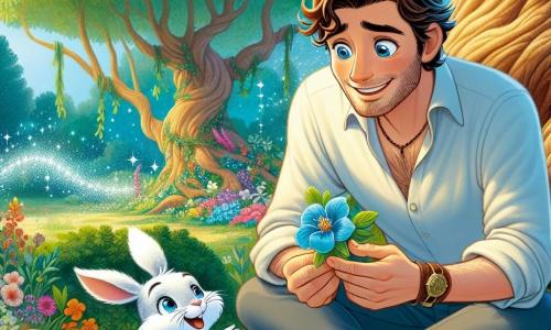 Un uomo di nome Luca, sulla trentina, con capelli castani e occhi pieni di curiosità, è seduto sotto un grande albero dalle foglie verdi brillanti. Sorride meravigliato, tenendo in mano un bellissimo fiore blu, come se avesse appena scoperto un tesoro. Accanto a lui, un piccolo coniglietto bianco, con grandi orecchie e occhi maliziosi, salta gioiosamente sull'erba, invitando Luca a seguirlo. Il coniglietto sembra un giovane bambino, pieno di vita e magia, pronto a scoprire un mondo meraviglioso. Il luogo è un giardino incantato, pieno di fiori colorati dai petali scintillanti, sotto un cielo blu chiaro punteggiato di nuvole bianche e soffici. Alberi maestosi circondano il giardino, i cui tronchi spessi e nodosi aggiungono un tocco di mistero a questo luogo da favola. La scena principale mostra Luca, meravigliato, che scopre il giardino magico, mentre il coniglietto lo invita a esplorare questo mondo pieno di colori e sogni, simboleggiando la gioia e la magia dell'immaginazione.