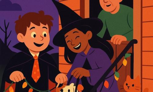 Un ragazzo di 12 anni, Leo, volto rotondo, capelli castani spettinati, occhi allegri e maliziosi, sorriso un po' imbarazzato, indossa un costume da vampiro nero con cravatta arancione a pois, tiene una ghirlanda luminosa e recupera un dente finto caduto in un sacchetto di dolci; accanto a lui Mia, circa 12 anni, capelli lunghi neri, cappello da strega troppo grande e cappotto viola, ride e si china per prendere il sacchetto; sullo zerbino il signor Neri, circa 70 anni, capelli grigi arruffati, maglione verde consumato, volto dolce e sorpreso, appoggiato al telaio della porta con aria riconoscente; il gatto rosso Zenzero, piccolo e morbido, si aggira sulla ringhiera con un nastro a una zampa; scena su un portico di legno leggermente inclinato dietro un cancello arrugginito, decorazioni di Halloween con zucche scolpite sui gradini, foglie morte arancioni e brune, ghirlande colorate sulla ringhiera, cielo viola scuro e luna piena; momento luminoso e divertente: le luci si accendono dolcemente, Leo ritrova il dente finto nel sacchetto e tutti ridono insieme; composizione centrata, colori caldi (arancione, viola, verde), forti contrasti, forme semplici, stile poster per bambini, atmosfera calda e leggermente fiabesca.