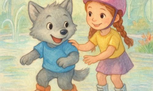 Ein kleiner anthropomorpher Wolf (kinderlich, graues weiches Fell, runde schwarze Augen) wirkt freudig überrascht und lacht, während er auf leuchtenden Magnetskates gleitet; ein etwa achtjähriges Mädchen mit glänzendem rosa Helm und geflochtenem Haar lächelt beruhigend, steht hinter ihm auf silbernen Schwebeskates und hält ihn an der Schulter; am Wasserufer sammelt ein kleiner rundlicher, hellblauer Wasserroboter mit ausfahrbarem Arm ein grünes Päckchen von einem Seerosenblatt; Schauplatz: futuristischer Wasserplatz mit flachen, irisierenden Becken, gebogenen Glasfontänen, durchsichtigen Luftschienen und bunten Uferpflanzen im weichen Spätvormittagslicht; Hauptsituation: der Wolf entdeckt die Magnetskates mit Hilfe des Mädchens, während der Roboter das treibende Päckchen bergt — dynamische, sichere Szene in pastellfarbenen, aquarellartig weichen Konturen.