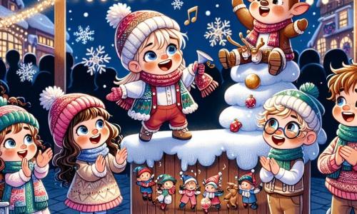 En un mágico mercado navideño, cinco niños están reunidos. Martina, una niña de seis años con un gorro rojo de lana, sostiene un reno de peluche y sonríe con asombro. A su lado, Ana, otra niña de seis años con cabello rizado y una bufanda azul, aplaude alegremente a los duendes que bailan. Pablo, un niño de seis años con gafas y un gorro verde, mira un árbol de Navidad que canta, con los ojos muy abiertos. Lucas, un niño de seis años con cabello rubio, juega con un tren de juguete que gira alrededor de una montaña de nieve de algodón. Finalmente, Leo, un niño de cinco años en una silla de ruedas decorada con luces brillantes, agita las manos con entusiasmo. El mercado de Navidad está iluminado por guirnaldas de colores vivos, con puestos de madera adornados con decoraciones festivas. Copos de nieve caen suavemente, cubriendo el suelo con un manto blanco. Los niños descubren juntos la magia de la Navidad, maravillados por las luces y sorpresas del mercado, compartiendo risas y momentos de alegría.