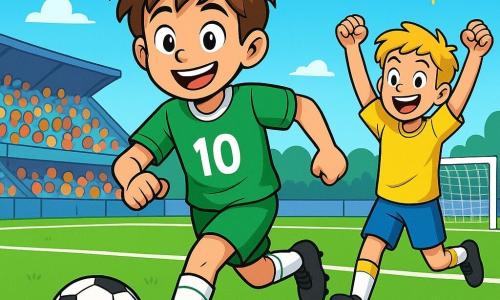 A young boy, Max, about 10 years old with messy brown hair and a bright smile, is wearing a green jersey with the number 10. He is in action on the football field, eyes shining with excitement, ready to dribble the ball. Next to him, his best friend Leo, also 10, has blonde hair and is wearing a yellow jersey. He encourages Max with a big smile, raising his arms in support. The field is vast with lush green grass, freshly painted white lines, and stands filled with enthusiastic supporters. The sky is blue with a few white clouds, and the sun is shining, illuminating the scene. Max is about to make a crucial decision: he looks at the ball at his feet, hesitating between passing to Leo or attempting a bold shot at the goal. The atmosphere is electrifying, full of energy and anticipation.