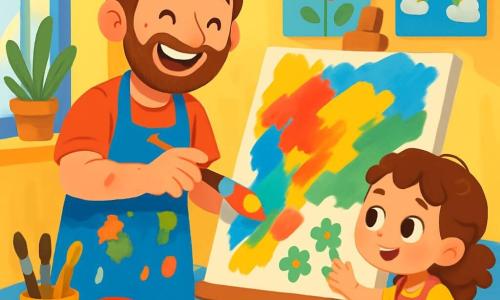A man, Mr. Leo, stands in his bright art studio with a joyful smile on his face. He has messy brown hair, a light beard, and wears a bright blue apron stained with paint. He is painting a large colorful canvas, adding touches of yellow and red. Next to him, a five-year-old girl, Mia, with curly hair and sparkling eyes, is crouching down. She wears a small pink apron and uses her fingers to paint small green flowers on the canvas, looking at Mr. Leo with admiration. The studio is filled with natural light, vibrant colored walls, scattered paint pots, and messy brushes on a large wooden table. Colorful artworks hang on the walls, creating a joyful and inspiring atmosphere. The main scene shows Mr. Leo and Mia creating a vibrant painting together, laughing and sharing their passion for art, surrounded by an explosion of colors and creativity.