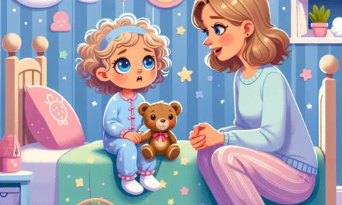 A 2-year-old girl named Lila, with curly blonde hair and big blue eyes, is sitting on her bed. She looks worried as she hugs her teddy bear, Teddy, a brown bear with a small red bow around its neck, who appears comforting. Next to her, her mother, a woman in her thirties with brown hair and a warm smile, is crouching down to talk to her. She wears soft pajamas and holds a nightlight that emits a gentle, soothing glow. The scene takes place in Lila's pastel-colored bedroom, decorated with star and cloud stickers, and a window allowing a soft moonlight glow. Toys are scattered on the floor, and a fluffy rug is under the bed. Lila, a bit scared of the dark, looks at her mother with hope as she sings a gentle lullaby to reassure her. The light from the lamp creates a warm atmosphere, contrasting with the darkness surrounding the room.