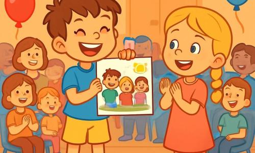 An 8-year-old boy, Max, with messy brown hair and a big smile radiating joy, stands on a wooden stage proudly holding a colorful painting of his friends. He wears a bright blue t-shirt and yellow shorts, his eyes sparkling with excitement. Next to him is his new friend Sophie, an 8-year-old girl with braided blonde hair in a pink dress, clapping enthusiastically, her eyes twinkling with happiness. The venue is a community hall decorated with colorful garlands and balloons, filled with families and children sitting on plastic chairs, all smiling and eager. The main scene shows Max presenting his artwork, surrounded by a joyful audience encouraging him, creating a festive and warm atmosphere.