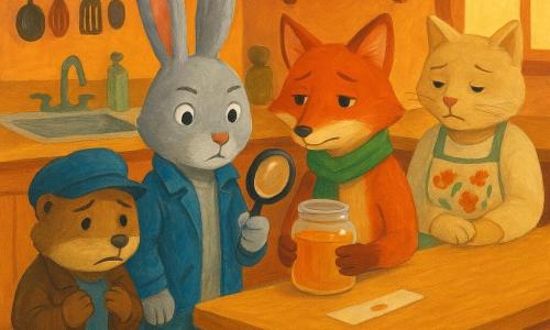 A light-gray anthropomorphic rabbit protagonist with large upright ears and a curious, determined but kind expression wears a worn blue jacket and holds a magnifying glass in his right paw, standing at the center of a community center kitchen in an investigator pose; to his right, Rowan, a tall slender red-furred fisher-fox with a green scarf and a sheepish but relieved face, holds a small jar of golden honey against her chest near the counter; to his left, Pip, a young brown-spotted badger wearing a blue cap, looks anxious and repentant while clutching his cap near the sink; behind the counter, Mrs. Tansy, a gentle beige cat and bee vendor with tired but calm eyes and a floral apron, rests a hand on the jar with a protective gaze; the kitchen has white-and-blue tiled floors, a light wood countertop, a stainless sink with colorful towels, utensils on the wall, and a small window letting in warm late-afternoon light; the scene is a calm confrontation and repair focused on the small shiny jar of honey on the counter, a test strip and a trail of honey droplets, with an atmosphere of warmth, resolution, and forgiveness.