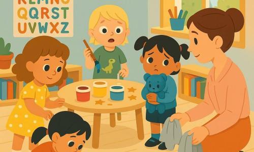 There are five characters: Mia, a ~5-year-old girl with curly chestnut hair in a yellow polka-dot dress standing left of the table with one hand on the paint lid; Sara, a ~5-year-old girl with dark straight hair in a ponytail and pink shoes crouched by the blue paint spill, hands near the puddle as if she tried to wipe it; Emily, a ~5-year-old girl with short blonde hair wearing a green T‑shirt with a small dinosaur, standing behind the table with wide eyes holding a trembling paintbrush; Zoe, a ~5-year-old girl with black pigtails in a blue sweater clutching a blue teddy to her chest at the right of the table, looking toward the adult; and Ms. Lily, the adult teacher with brown hair in a bun wearing a pastel smock, kneeling with towels and a small bucket, calm and gentle. Setting: a bright cozy classroom with a light wooden floor stained with paint splatters, a small round wooden table under a warm window, low shelves with colorful books and pencil pots, and alphabet posters with gold star stickers on the wall. Main situation: the girls opened a shiny paint box and a blue puddle spilled on the floor; they confess to the teacher who helps them clean up with towels while a few gold stars and brushes lie on the table.