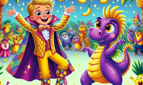 Prince Jasper, a cheerful boy of about 10, wears pineapple-patterned socks and a shimmering cape made of shiny leaves. His face is lit up by a big smile, his eyes sparkling with curiosity as he dances joyfully in the middle of the party. Next to him, Dazzle, a purple dragon with glittering scales and mischievous round eyes, spins around in sparkling shoes that jingle happily. The setting is in the Boogie Banana clearing, surrounded by colorful tree trunks and laughing bananas falling from the branches, creating a festive and magical atmosphere. Animals like parrots in colorful hats and turtles dancing on their shells add to the joyful ambiance. The main scene shows Jasper and Dazzle organizing a big dance party, surrounded by laughter and music, while the bananas roll and have fun around them.