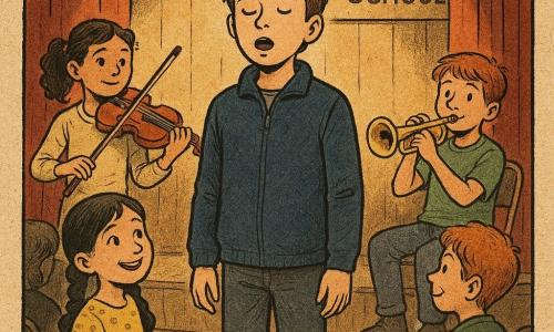 A teenage boy, about 13, the main character, soft focused face, tousled brown hair, navy wool jacket, singing gently with mouth on a held note, standing straight with relaxed hands, calm but slightly nervous (attentive gaze); Mina, about 8, his little sister, black pigtails, yellow polka-dot dress, seated front-row watching him with a big admiring smile; Nia, about 13, pale-skinned violinist with tied curly hair in semi-formal clothes, standing slightly behind left, holding her violin ready and giving an encouraging look; Toby, about 12, red-haired trumpeter in a green T-shirt, seated right on stage with mouth near the mouthpiece, playful but focused expression. The small school stage has light wood walls, an open burgundy curtain, metal music stands and rows of chairs, warm spotlight halos with visible dust motes, shiny instruments (varnished violin, brass trumpet, silver flutes) ready, and a hand-painted "Brookvale School" sign. Mood: warm nighttime concert moment before the singer begins. Dominant colors: warm ochres, burgundy and wood, with touches of blue and yellow; texture like newsprint, slightly thick contrasted lines for a child-friendly illustrative look. Visual style: ink and watercolor with paper grain, crisp outlines, tenderly exaggerated expressions, composition centered on the boy with musicians arranged in a semicircle.