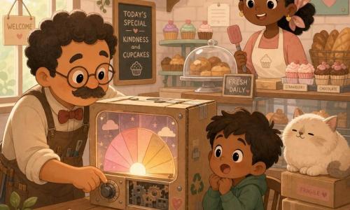 Inventor man with a round face and soft mustache, joyful and focused, turns a small knob on a luminous cardboard box on a table; a ~6-year-old boy with tousled hair and wide-eyed wonder sits nearby watching the light; an adult woman baker with hair tied under an apron and a warm smile stands behind the counter holding a spatula; a round fluffy cream cat naps on a stack of boxes; the recycled-cardboard invention has a clear plastic window, a colorful paper wheel (pink, peach, gold) and visible small metal parts; the cozy bakery has light brick walls, shelves of cupcakes and bread, warm lighting and stacked boxes, and the scene captures the magical moment the box cycles from soft pink to peach to gold like a miniature sunrise.
