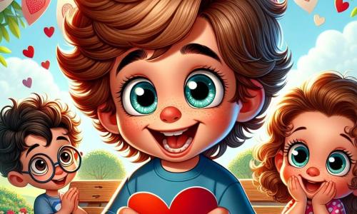 Un ragazzo di 6 anni, di nome Luca, con capelli castani arruffati e occhi brillanti di curiosità, tiene in mano una lettera rossa a forma di cuore. Sorride ampiamente, pieno di eccitazione e innocenza, mentre è seduto su una panchina di legno nel parco. Accanto a lui, il suo amico Marco, un ragazzo di 6 anni con capelli biondi e occhiali rotondi, guarda la lettera con meraviglia. Indossa una maglietta blu e pantaloni corti verdi, sembrando pronto a saltare di gioia. Poco più in là, Sofia, una ragazza di 6 anni con lunghi capelli ricci e un vestito rosa a pois, si avvicina con un sorriso caloroso, tenendo un mazzo di fiori colorati. Il luogo è un parco soleggiato, pieno di fiori vivaci e alberi verdi, con cuori di carta appesi ai rami per celebrare San Valentino. I bambini giocano sullo sfondo e palloncini fluttuano nel cielo blu. La scena principale mostra Luca, Marco e Sofia riuniti attorno alla lettera, condividendo un momento di gioia e amicizia mentre scoprono insieme il mistero del mittente della lettera d'amore.