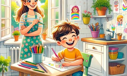 Sześciolatek o imieniu Staś z potarganymi brązowymi włosami i wielkim uśmiechem siedzi przy stole w kuchni, otoczony kolorowymi kredkami. Ma na sobie żółtą koszulkę i niebieskie szorty, z entuzjazmem rysując na dużym bloku papieru. Obok niego stoi jego mama, uśmiechnięta kobieta około 30 lat z brązowymi włosami związanymi w kok, która z dumą ogląda jego rysunki. Ma na sobie kwiecisty fartuch i trzyma filiżankę kawy w jednej ręce. Scena rozgrywa się w jasnej kuchni z białymi ścianami, otwartymi oknami wpuszczającymi światło słoneczne i zielonymi roślinami na parapecie. Na ścianie wiszą kolorowe rysunki, dodające artystycznego klimatu. Staś tworzy wystawę swoich dzieł, pełen ekscytacji i dumy, podczas gdy jego mama podziwia jego talent i zachęca go do dalszego rysowania.