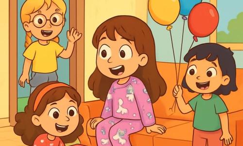 Hay 4 niños: - Martina: una niña de 8 años con cabello largo castaño y ojos brillantes. Lleva un pijama rosa con motivos de unicornios y está sentada en el sofá, con aire sorprendido. - Sara: una niña de 8 años con trenzas rubias y gafas redondas. Lleva una camiseta amarilla y un short de mezclilla, y está de pie cerca de la puerta, sonriendo y saludando. - Lucía: una niña de 8 años con cabello rizado castaño y una diadema roja. Lleva un vestido de lunares y está agachada, sosteniendo una caja de pasteles decorada con colores vivos. - Valentina: una niña de 8 años con cabello negro y corto, lleva una camiseta verde y pantalones rosas. Está de pie junto a Lucía, sosteniendo globos coloridos que flotan en el aire. El lugar es la sala de la casa de Martina, decorada con paredes en tonos pastel y un gran sofá cómodo. Hay juguetes esparcidos por el suelo y una ventana que deja entrar la luz del sol, iluminando guirnaldas de colores colgadas del techo. La situación principal muestra a Martina, sorprendida y feliz, rodeada de sus amigas que le han hecho una sorpresa de cumpleaños. Los niños ríen y se divierten, creando un ambiente alegre y festivo.