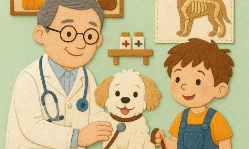 O veterinário Dr. Pedro, sorridente e gentil, rosto redondo com óculos finos e cabelos grisalhos curtos, veste jaleco branco e estetoscópio azul, ajoelhado ouvindo o coração do cão com a mão no flanco; o menino Lucas, cerca de 6 anos, cabelos castanhos bagunçados, sorriso maravilhado, camiseta amarela e jardineira azul, segura a coleira à direita do veterinário; o pequeno cão Bolinha, branco e bege, pelo fofo e olhos redondos brilhantes, sentado sobre uma mesa de exame verde com a língua de fora, confiante; a sala é clara, paredes verde-pastel, pôsteres coloridos de animais em appliqué, prateleira de madeira com caixas de remédios ilustradas e grande pôster de anatomia animal estilizada; cena transmite um exame suave e reconfortante com gestos calmos, olhares cúmplices e texturas costuradas visíveis (tecidos, botões, pespontos).