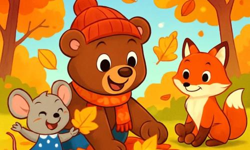 Benny the bear, an adorable brown bear with a big smile and sparkling eyes, wears a red wool hat and a leaf-patterned scarf. He is crouched on a pile of autumn leaves, picking up a golden leaf that shines in the sun. Next to him, Millie the mouse, a small gray mouse with big ears and a polka-dot dress, joyfully jumps while holding a giant leaf, her face glowing with happiness. A little further away, Toby the fox, with his bright orange fur and mischievous eyes, watches the two friends with an amused smile, holding a handful of chestnuts. The setting is a vibrant autumn forest with trees in fiery shades of orange, red, and yellow, and a clear blue sky dotted with fluffy white clouds. The scene depicts Benny and his friends having fun exploring the forest, surrounded by gently falling leaves, creating a joyful and festive atmosphere full of autumn discoveries.