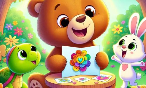 Bruno, ein weicher und kuscheliger Teddybär mit hellbraunem Fell und funkelnden Augen, sitzt an einem kleinen Holztisch, umgeben von bunten Karten, die er für den Muttertag gestaltet hat. Er lächelt breit und hält eine Karte mit einer großen, bunten Blume, strahlend vor Aufregung und Liebe. Neben ihm sitzt Tilly, eine niedliche grüne Schildkröte mit glänzendem Panzer und neugierigen Augen, die die Karte bewundernd betrachtet, ihr Gesicht erhellt von einem warmen Lächeln. Etwas weiter springt Henri, ein kleiner weißer Hase mit großen Ohren, vor Freude, seine Augen glänzen bewundernd für Brunos Arbeit. Die Szene spielt in einer charmanten Ecke des Zauberwalds, wo bunte Blumen um sie herum blühen und Sonnenstrahlen durch die Blätter der Bäume filtern, was eine magische und fröhliche Atmosphäre schafft. Bruno zeigt stolz seine Karten seinen Freunden und teilt Liebe und Kreativität, um den Muttertag in einer Atmosphäre von Kameradschaft und Glück zu feiern.