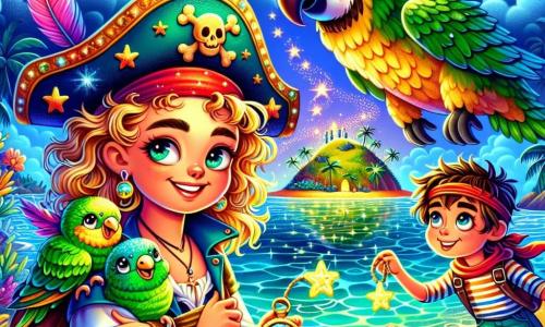 Kapiteine Nova, een dappere vrouw met krullend, goudkleurig haar, draagt een piratenhoed versierd met kleurrijke veren. Ze heeft een vastberaden glimlach en sprankelende ogen terwijl ze het mysterieuze eiland in de verte bekijkt. Naast haar zit de grappige papegaai Piko, met groene en gele veren, op haar schouder en roept vrolijk. Een jonge matroos, Bram, ongeveer 10 jaar oud, met ruw bruin haar en een rode bandana, staat naast haar en houdt een schatkaart vast met glinsterende sterren erop.

De achtergrond is een levendig zee-landschap, met glinsterende golven onder de zon, en een groen eiland dat uit de mist oprijst, omringd door palmbomen en kleurrijke bloemen. In het midden van het eiland rust een enorme zeeschildpad met een glanzende schild en kleurrijke patronen op het gouden zand.

De belangrijkste situatie toont Kapiteine Nova en haar piratenbende die het mysterieuze eiland ontdekken, klaar om te verkennen en het mysterie van de gigantische schildpad op te lossen dat hen misschien naar de legendarische schattenjacht leidt.
