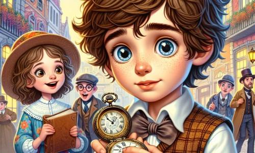 Un chico de 11 años, Lucas, con cabello castaño desordenado y ojos brillantes de curiosidad, se encuentra en el centro de la imagen, sosteniendo un antiguo y brillante reloj despertador de bolsillo en sus manos. Su rostro expresa asombro y emoción mientras mira a su alrededor, como si hubiera descubierto un tesoro escondido. A su derecha, Ana, una niña de 10 años con cabello rizado y ojos vivos, sonríe alegremente, vestida con un vestido colorido con estampados florales. A la izquierda, Tomás, un chico de 12 años con gafas redondas y cabello castaño, observa el reloj con concentración, sosteniendo un cuaderno en una mano y un lápiz en la otra. El escenario es una antigua plaza europea del siglo XIX, con adoquines de piedra, edificios de fachadas coloridas y balcones florecidos. La situación principal muestra a Lucas, Ana y Tomás reunidos alrededor del misterioso reloj, simbolizando el inicio de su aventura de viaje en el tiempo, mientras una luz brillante emana del objeto, iluminando sus rostros asombrados.