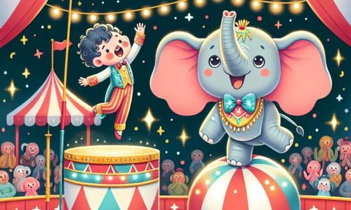 Ein kleiner Elefant mit großen rosa Ohren und grauer Haut, der mit strahlendem Lächeln voller Freude auf einem großen bunten Ball springt, unter einem Zirkuszelt voller funkelnder Lichter. In der Nähe applaudiert ein agiler Trapezkünstler in einem glänzenden, bunten Kostüm, mit lockigem Haar und bewunderndem Blick, während er sich an einer horizontalen Stange schwingt. Das Zirkuszelt ist mit roten und weißen Streifen dekoriert, mit leuchtenden Girlanden, und der Boden ist mit goldenen Glitzer und buntem Konfetti bedeckt. Die Hauptsituation zeigt den kleinen Elefanten, der voller Entschlossenheit und Glück einen beeindruckenden akrobatischen Sprung macht und die Aufmerksamkeit aller bewundernden Zuschauer auf sich zieht.