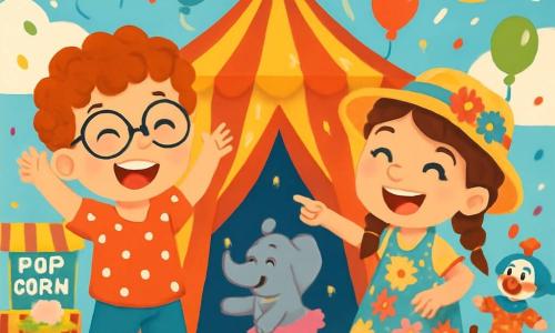 Ci sono 2 personaggi principali: Leo, un ragazzo di 6 anni con capelli ricci e occhiali tondi, indossa una maglietta rossa a pois bianchi e scarpe luminose. È in piedi con le braccia alzate e un grande sorriso. Giulia, una ragazza di 6 anni con trecce e un vestito a fiori colorati, ha occhi scintillanti e un cappello di paglia decorato con fiori. È accanto a Leo, ridendo, con una mano sui fianchi e l'altra che punta verso il circo. La scena principale si svolge in un grande circo all'aperto, con un enorme tendone a strisce rosse e gialle che brilla al sole. Palloncini colorati fluttuano nell'aria e si vedono chioschi di dolci come popcorn e zucchero filato. Sullo sfondo, elefanti in tutù e clown ridono, creando un'atmosfera festosa. La situazione principale mostra Leo e Giulia, meravigliati, mentre scoprono il circo, circondati da coriandoli e luci scintillanti, mentre un clown goffo fa pirouette e animali colorati danzano intorno a loro.