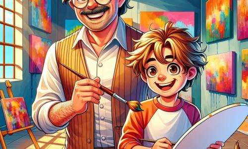 Un uomo, Leonardo, è un artista di una cinquantina d'anni, con capelli castani leggermente brizzolati, occhiali rotondi e un sorriso caloroso. È in piedi nel suo studio luminoso, circondato da tele colorate, con un pennello in una mano e una tavolozza di colori vivaci nell'altra, il suo viso radioso di entusiasmo e benevolenza. Accanto a lui c'è un ragazzo di nome Marco, di circa 10 anni, con capelli castani disordinati e occhi brillanti di curiosità. È concentrato su una tela bianca, tenendo un pennello con determinazione, mentre un sorriso di gioia illumina il suo viso. Lo studio è un ampio spazio accogliente, con pareti coperte di dipinti vivaci, raggi di luce che filtrano attraverso grandi finestre e barattoli di vernice sparsi su un tavolo di legno. Pennelli di diverse dimensioni sono disposti in disordine, aggiungendo un tocco artistico all'atmosfera. La scena principale mostra Leonardo che guida Marco nella creazione di un'opera d'arte, mentre mescolano i colori sulla tavolozza. Marco, con uno sguardo meravigliato, inizia a dipingere un paesaggio vibrante, mentre Leonardo lo incoraggia con un sorriso, creando un'atmosfera di creatività e amicizia.