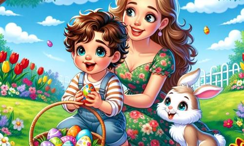 Un bambino di 2 anni, di nome Luca, con grandi occhi brillanti e capelli castani ricci, è seduto sull'erba verde del giardino, con un ampio sorriso sul viso. Tiene un cesto di vimini pieno di uova di Pasqua colorate, le sue guance rosa tradiscono la sua eccitazione. Accanto a lui, la sua mamma, una donna di circa 30 anni con lunghi capelli biondi, indossa un vestito a fiori e guarda Luca con tenerezza, ridendo gioiosamente. È inginocchiata, pronta ad aiutarlo nella sua ricerca. Un coniglietto con grandi orecchie, dal pelo bianco e occhi scintillanti, si trova proprio davanti a Luca, incoraggiandolo a cercare altre uova nascoste nel giardino. Il giardino è pieno di fiori brillanti, tulipani rossi e narcisi gialli, sotto un cielo azzurro chiaro punteggiato di nuvole bianche e soffici. Alberi verdi circondano lo spazio, creando un'atmosfera gioiosa e festosa. La scena principale mostra Luca, meravigliato, mentre scopre un uovo di cioccolato nascosto sotto un cespuglio, mentre la mamma e il coniglietto lo osservano con entusiasmo, condividendo questo momento magico della caccia alle uova di Pasqua.