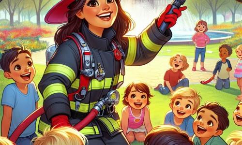 Eine junge Frau, Lisa, lächelt und ist voller Energie. Sie trägt eine glänzende rote Feuerwehrjacke und einen Helm. Ihre Augen funkeln vor Aufregung, während sie einem Gruppe von Kindern einen großen Schlauch zeigt. Neben ihr hört ein kleiner Junge namens Ben, 6 Jahre alt, mit zerzausten braunen Haaren und einem blauen T-Shirt, aufmerksam zu, seine Augen sind vor Neugier weit geöffnet. Im Hintergrund ein sonniger Park mit grünen Bäumen und bunten Blumen, wo Kinder fröhlich spielen. Die Szene zeigt Lisa, die erklärt, wie Feuerwehrleute den Menschen helfen, mit enthusiastischen Gesten und einem großen Lächeln.