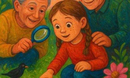 Mila, a 6-year-old girl with a round freckled face and light brown hair in two braids, kneels on wet grass reaching toward a small snail at the edge of a puddle; to her left her gray-haired grandmother crouches, smiling and holding a small blue magnifying glass over the snail, while behind her a white-haired grandfather with round glasses rests a hand on her shoulder, protective and joyful; a spring garden after rain with shiny green grass, dew on leaves, small yellow and white daisies, puddles reflecting a pink evening sky, a glossy-shelled snail, an orange-and-black bumblebee by a pink flower and a blackbird hopping in the background, soft late-afternoon light, saturated colors, textured brushstrokes and pearly reflections in the drops, composition centered on the meeting between the girl and the snail.