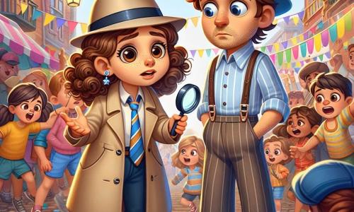 Clara, uma jovem detetive de cabelos castanhos e cacheados, segura uma lupa em uma mão e um caderno na outra, com uma expressão determinada e curiosa. Ela está vestida com um trench coat bege e um chapéu de detetive, posicionando-se no centro de uma cena animada. Ao lado dela, um homem de chapéu azul, na casa dos trinta anos, parece preocupado, com as mãos levantadas em sinal de defesa, olhando para Clara com os olhos arregalados. Ele usa uma camisa listrada e uma calça escura, mantendo-se um pouco afastado, como se temesse ser acusado. Ao fundo, um festival de cores acontece em uma rua movimentada, decorada com guirlandas coloridas, barracas de comida e jogos. Crianças riem e brincam, enquanto adultos aplaudem um artista de malabares em um pequeno palco decorado. A situação principal mostra Clara interrogando o homem de chapéu, segurando a bola de malabares que ela acaba de encontrar, enquanto a multidão se reúne ao redor deles, intrigada pelo mistério que se revela.