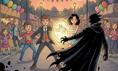 Main character: Sako, about 12, determined bright face, short chestnut hair, modern superhero outfit, projecting a golden light wave from his hands forward; Secondary: Jason, about 12, brave enthusiastic expression, colorful t-shirt and jeans, left of Sako with fist raised; Secondary: Yorrichi, about 12, confident focused smile, wavy black hair, sporty dress, right of Sako joining her hands to the light to strengthen it; Antagonist: Dark Phantom, dark floating silhouette in a tattered black coat with glowing red eyes, recoiling under the light with swirling shadow aura; Setting: neighborhood park at dusk during a community fair with colorful stalls, balloons, banners, benches, startled families and lit lampposts under an orange-pink sky; Main situation: heroic confrontation in the middle of the festival, warm vibrant light pushing back black shadow, emotions of determination, solidarity and child-appropriate dramatic tension; Art style: clean lines, saturated colors, soft shadows, dynamic foreshortened composition centered on Sako and the light wave.