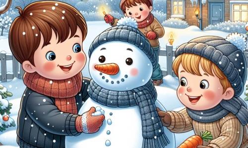In een besneeuwde tuin zijn drie kinderen vrolijk bezig. Sam, een jongen van 7 jaar met bruin haar en roze wangen, rolt een grote sneeuwbal voor het lichaam van hun sneeuwvriend. Naast hem plaatst Tom, een 8-jarige jongen met blond haar en ronde bril, steentjes voor de ogen van de sneeuwman. Max, een 6-jarige jongen met kastanjebruin haar en een stralende glimlach, houdt een wortel vast die hij als neus gaat gebruiken. De tuin is bedekt met een dikke laag glinsterende sneeuw, met kale bomen waarvan de takken vol sneeuwvlokken hangen. Op de achtergrond is een warm verlichte huis te zien, met rook die uit de schoorsteen komt. De kinderen bouwen een grote en blije sneeuwman, gekleed in een kleurrijke sjaal en een oude hoed, terwijl ze lachen en plezier hebben onder een grijze lucht vol vallende sneeuwvlokken.