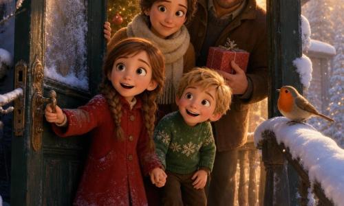 Four characters: Anna, girl, 8, dark chestnut hair in loose braids, big bright eyes, thick red coat, standing left of the door with her hand on the handle, looking outside in wonder; Oliver, boy, 6, tousled blond hair, rosy cheeks, green sweater with snowflake pattern, standing just right of Anna, holding her hand and smiling, leaning slightly toward the outside; Mother, ~35, brown hair in a bun, cream scarf and warm dress, standing behind the children to the left with arms ready to embrace and a gentle expression; Father, ~36, short beard, brown jacket, standing behind the children to the right holding a small red gift box, smiling warmly at them. Setting: a snowy porch in front of an old fir-green painted wooden door with a frosted transom and a patinated brass knocker; an illuminated Christmas tree with gold garlands and small red apples is visible inside near the door; thick snow on roofs and railing with sparkling crystals and a few fresh footprints; a bright-orange robin perched on the railing. Main situation: the door is ajar to a golden morning light flooding the porch, creating a warm/cold contrast; the children pause on the threshold in wonder while the parents stand protectively around them; a calm, magical Christmas atmosphere with light white smoke in the air, glints on the snow crystals, and distant jingling bells.