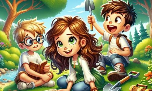 A 12-year-old girl, Lily, with messy long brown hair and sparkling curious eyes, is sitting on the green grass, a big smile on her face, holding an old treasure map in her hands. Next to her, Max, an 11-year-old boy with round glasses and tousled hair, is eagerly leaning over a small shovel, ready to dig. Sophie, a 12-year-old girl with rectangular glasses and an open book on her lap, is looking at the map with a focused expression, while Toby, an 11-year-old boy with a big smile and blond hair, is jokingly raising his arms, laughing out loud. The scene takes place in a sunny park with tall trees and vibrant green leaves, a clear blue sky dotted with fluffy white clouds, and a small stream murmuring nearby. The main situation shows the group of friends in the midst of a treasure hunt, surrounded by laughter and excitement, eagerly digging in search of a mysterious treasure buried under a gnarled tree.