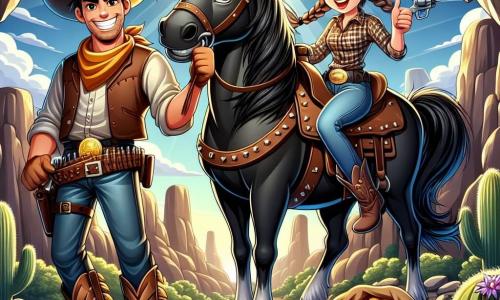 Un cowboy pe nume Jake, un bărbat de aproximativ 30 de ani, cu fața bronzată și zâmbitoare, poartă o pălărie mare de cowboy, o jachetă din piele maro și cizme împodobite cu pinteni. El ține în brațe un sac de aur, având o expresie de mândrie și excitație pe chip. Lângă el se află Sally, o cowgirl de 25 de ani, cu părul lung, brunet și împletit, purtând o pălărie de cowboy și o cămașă cu carouri. Ea zâmbește bucuros, ridicând degetul mare în semn de victorie. Calul lor credincios, Fulger, un mustang negru superb cu ochi strălucitori, stă lângă ei, cu o coamă fluturând în vânt. Scena are loc la intrarea unei peșteri întunecate, înconjurată de mari formațiuni de rocă și cactuși, sub un cer albastru strălucitor. Lumina soarelui iluminează scena, creând un contrast între umbra peșterii și căldura zilei. Jake și Sally tocmai au recuperat un sac de aur furat de la bandiți, sărbătorind victoria lor după o aventură palpitantă, pregătiți să se întoarcă în sat ca eroi.