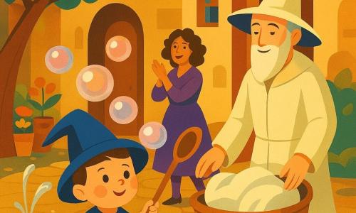 A three-year-old apprentice wizard with a round face and rosy cheeks wears a drooping blue hat and short striped robe, watching in awe and concentration as he mischievously guides a parade of shiny translucent bubbles with pink and silver highlights using a large wooden spoon like a flag; beside him walks Wizard Mallow, about 45, with a gentle beard and cream coat, smiling reassuringly with his hand near a wicker laundry basket of fluffy towels, while a thirty-year-old witch with curly hair and purple socks applauds by the kitchen door in a calm sunlit courtyard with round cobbles, a small fountain, colorful flower pots, and golden sunbeams filtering through leaves, the bubbles floating in cadence toward the basket as if it were a cozy bed in a playful, warm scene with bright colors, round shapes, and soft textures.