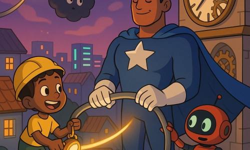 Um homem alto e musculoso, Capitão Cometa, sorridente e sereno, com capa azul e estrela prateada no peito, segura um cabo luminoso com luvas enquanto conserta a torre; à gauche do herói, um garoto de ~9 anos, Tico, com capacete amarelo e patins a jato vermelhos, sorri e aponta uma lanterna para o cabo; à direita, um pequeno robô vermelho, Bibo, de forma arredondada e olhos verdes brilhantes, bipando e tocando um painel; acima, um drone dourado em forma de estrela, Luma, projeta um feixe quente sobre o cabo; um pequeno nuvem escura e fofa, Monstro de Sombra, flutua timidamente perto do cabo. Cena no topo de uma torre de relógio redonda com engrenagens visíveis, telhados brilhantes e prédios néon ao fundo, céu crepuscular violeta. Ação principal: reparo colaborativo do cabo luminoso para reativar a cidade, gestos calmos, luzes néon voltando, atmosfera cálida e otimista.