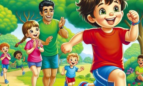Um menino de 4 anos chamado Miguel, com cabelos castanhos bagunçados e um grande sorriso, corre alegremente em um parque verdejante, suas pequenas pernas se agitando com entusiasmo. Ele usa uma camiseta vermelha vibrante e um short azul, e seu rosto expressa grande alegria e determinação. Ao lado dele, Carlos, um homem adulto atlético e sorridente, com cabelos negros e uma roupa de esporte colorida, o incentiva correndo ao seu lado, fazendo um gesto amigável com o polegar para cima. Mais adiante, Ana, uma menina de 5 anos com cabelos loiros trançados e um vestido rosa, aplaude entusiasticamente, enquanto Pedro, um menino de 5 anos com cabelos castanhos e uma camiseta verde, se junta a eles correndo, rindo e se divertindo. O parque está cheio de verde, com árvores majestosas, flores coloridas e um céu azul brilhante. A cena principal mostra Miguel e Carlos correndo, Miguel rindo alto, enquanto seus amigos o incentivam, criando uma atmosfera de camaradagem e alegria, onde o espírito de equipe e a diversão do esporte são celebrados.