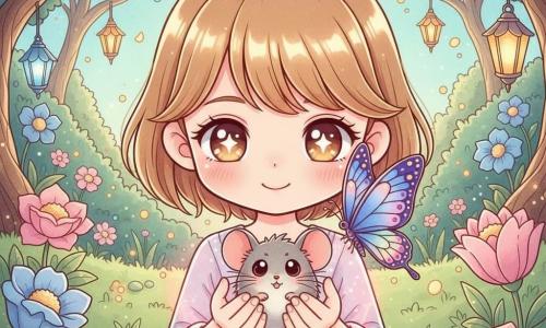 Lys, jonge volwassen vrouw, klein en léger, kort zijdezacht honingkleurig haar, rond gezicht met grote glanzende ogen en serene glimlach, houdt zachtjes een kleine grijze ronde muis met glanzende zwarte ogen in haar handen; een kleurrijke vlinder (Vlinder) met halfgeopende doorschijnende blauw-paarse vleugels en gouden motieven zit op haar rechter schouder. De weelderige, magische tuin op de achtergrond heeft fluweelachtig gras, ster- en lampionvormige bloemen in veranderende pasteltinten (diepblauw, zachtroze, goudgeel), kromme boomstammen en kleine vuurvliegjes; de scène toont Lys die de muis troost terwijl licht, fonkelende zaden en opengaande bloemen de warme, sprookjesachtige sfeer versterken. Stijl: zachte aquareltinten met scherpe chibi-contouren, close-up compositie met diepte en lichtaccenten die het oog leiden.
