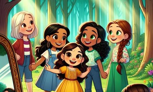 En un claro de un bosque mágico, cinco amigas están juntas. Valeria, una niña de 10 años con cabello rizado y castaño, lleva un vestido amarillo brillante y sonríe con entusiasmo. Junto a ella, Sofía, una niña de 9 años con cabello largo y negro, vestida con una camiseta azul y shorts de mezclilla, mira el cielo con curiosidad. Lucía, una niña de 10 años con cabello lacio y castaño, vestida con una camisa de flores, toma notas en una pequeña libreta. Martina, una niña de 9 años con gafas y cabello lacio, lleva un suéter rojo y parece un poco nerviosa, pero decidida. Finalmente, Clara, una niña de 10 años con trenzas y un vestido verde, toma la mano de Valeria, mostrando una gran sonrisa. El lugar es un claro verde, rodeado de grandes árboles con troncos gruesos y hojas de un verde brillante, con rayos de sol filtrándose a través del follaje, creando patrones luminosos en el suelo. En el centro, un gran espejo antiguo, enmarcado con hiedra, refleja los rostros de las amigas, mientras una suave brisa hace bailar las hojas a su alrededor. La situación principal muestra a las cinco amigas frente al espejo, con sus rostros iluminados por la luz dorada del sol, mientras se miran y comparten sus miedos y sueños, aprendiendo juntas que la verdad y la fuerza residen en su amistad.