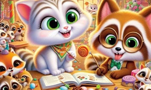 Tico, un pequeño gato de ojos verdes brillantes y pelaje suave como una nube, está sentado en una mesa de madera, sonriendo ampliamente mientras sostiene una galleta de caramelo entre sus patas. A su lado, Rufi, un perro bibliotecario con gafas redondas y pelaje marrón, observa con curiosidad a un grupo de pequeños mapaches, cuyos ojos brillan de emoción, mientras hojea un libro de recetas. Lila, una adorable coneja de grandes orejas y pelaje blanco, danza alegremente a su alrededor, con pintura colorida en las patas, añadiendo un toque de magia a la atmósfera. La escena tiene lugar en la Plaza de los Dulces, un lugar encantador con edificios de caramelos, farolas de piruleta y flores multicolores. En el centro, una gran mesa está llena de pasteles, galletas de jengibre y caramelos brillantes, creando un ambiente festivo. La situación principal muestra a Tico y sus amigos preparando una gran fiesta de pasteles, rodeados de animales felices, todos unidos para celebrar la amistad y el compartir, mientras los mapaches, con sonrisas traviesas, se acercan a la mesa, listos para unirse a la fiesta.