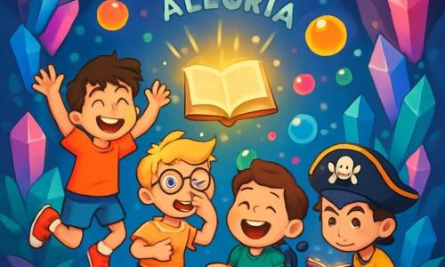 Hay 4 niños: Aitor, un chico de 10 años con cabello castaño desordenado y ojos llenos de imaginación, que salta de alegría con los brazos en alto; Pablo, un niño de 10 años con cabello rubio y gafas redondas, que hace una mueca cómica mientras se sostiene en un pie; Lucas, un niño de 10 años con cabello castaño y una mirada amable, que ríe en su silla de ruedas decorada con pegatinas coloridas; y Nacho, un niño de 10 años con cabello negro y una gorra de pirata, que está agachado sosteniendo un pequeño libro mágico con una expresión concentrada. Los niños están en el centro de la Caverna de la Alegría, un lugar mágico lleno de luces brillantes y colores vivos, con paredes adornadas de cristales que reflejan tonos de azul, rosa y verde. En el centro, un gran libro flotante emite un resplandor dorado, rodeado de burbujas de gelatina multicolores que flotan en el aire. La escena principal muestra a los niños descubriendo el Hechizo Perdido, maravillados y riendo, mientras burbujas de gelatina colorida flotan a su alrededor, creando una atmósfera alegre y mágica.