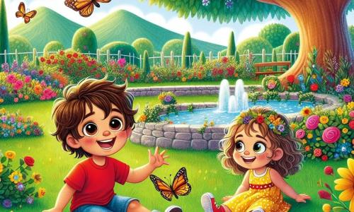 Un niño de 4 años, Tomás, con cabello castaño despeinado y grandes ojos curiosos, sonríe alegremente mientras juega en un jardín soleado. Lleva una camiseta roja brillante y un pantalón corto de mezclilla, y está sentado en la hierba verde, rodeado de flores coloridas. A su lado está Sara, una niña de 4 años con cabello rizado y ojos brillantes, vestida con un vestido amarillo con lunares. También sonríe, sosteniendo una mariposa multicolor en su mano. El jardín está lleno de flores vibrantes como rosas, girasoles y violetas, y un gran árbol majestuoso se alza en el centro, ofreciendo sombra. Una pequeña fuente de piedra murmura suavemente, añadiendo un toque de magia al lugar. La escena principal muestra a Tomás y Sara explorando su jardín, imaginando montañas y ríos, riendo y compartiendo sus sueños de aventuras en países lejanos.