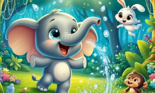 Un elefante gioioso di nome Elio, con la pelle grigia morbida e grandi orecchie a forma di foglia, si trova in riva a un ruscello scintillante, con uno sguardo meravigliato e un grande sorriso sul volto. Gioca nell'acqua, schizzando gocce brillanti attorno a sé. Accanto a lui, una piccola scimmietta di nome Sara, con il pelo marrone e occhi scintillanti, si arrampica su un ramo basso, ridendo e agitando le sue piccole zampe. Un coniglietto di nome Lillo, con il pelo bianco e orecchie lunghe, osserva Elio con curiosità, seduto sull'erba verde proprio di fronte a lui. Il luogo è una foresta incantata, piena di alberi maestosi con foglie dai colori vivaci e fiori multicolori che danzano al vento. La scena principale mostra Elio che si diverte a giocare nell'acqua, circondato dai suoi amici, celebrando la gioia dell'amicizia e dell'avventura in un ambiente magico.