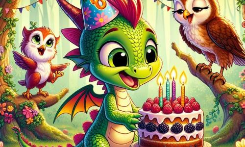 Der kleine Drache Flämmchen mit glänzenden grünen Schuppen und bunten Flügeln steht strahlend in der Mitte der Szene und lächelt glücklich. Er trägt einen kleinen Papierfeierhut und schaut bewundernd auf eine mit bunten Kerzen verzierte Beeren-Torte. Rechts von ihm sitzt die weise Eule Ella mit großen runden Augen und braunen Federn auf einem Ast und singt ein fröhliches Geburtstagslied. Links tanzt der freche Kobold Knöpfchen mit zerzausten Haaren und grüner Haut um die Torte und lacht, was der Feier einen Hauch von Verrücktheit verleiht. Die Szene spielt in einer verzauberten Lichtung des Zauberwaldes, umgeben von bunten Baumstämmen und leuchtenden Blumen. Girlanden aus Blättern und Blumen hängen von den Ästen und schaffen eine festliche, magische Atmosphäre. Flämmchen bläst die Kerzen seiner Geburtstagstorte aus, während alle gemeinsam singen und die Luft mit Lachen und Freude füllen, um einen unvergesslichen Moment der Freundschaft und des Glücks zu feiern.