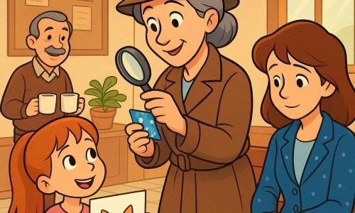 Vrouwelijke detective ±45 jaar, vriendelijk maar geconcentreerd, lang bruin mantelpak met bijpassende zachte hoed, grijs haar in knot, houdt een klein notitieboekje en loep en onderzoekt een klein blauw witgestippeld blaadje; 8‑jarige meisje met grote tekening van kitten en bloem, roze eenvoudige jurk, kijkt vol emotie; jonge vrouw ±25 jaar verlegen, blauwe jas met witte stippen, kleine tas, zittend op een bank kijkt berouwvol naar het meisje en geeft de tekening terug; oudere man ±60 jaar met snor en glimlach, twee koffiekopjes, staat bij de ingang en kijkt toe; locatie: warm dorpshuishal met prikbord, fotolijsten, glazen ramen met goudlicht, planten en lichte tegels; sfeer zacht en verzoenend, warme kleuren, ronde cartoonachtige lijnen uit de jaren 90, centrale compositie, duidelijke expressies.