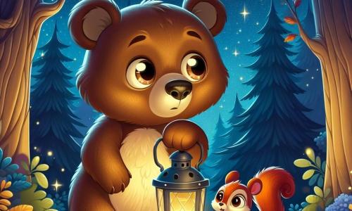 Un pequeño oso marrón, con ojos redondos y brillantes, se encuentra en el centro de la escena, sosteniendo una linterna que ilumina su rostro con una suave luz dorada. Parece curioso y un poco inquieto, con las orejas ligeramente erguidas, mirando a su alrededor con una expresión de asombro. A su lado, una pequeña ardilla de pelaje rojizo, con grandes ojos expresivos, parece tranquila y feliz, saltando sobre una rama de árbol, lista para explorar la noche. El decorado es un hermoso bosque nocturno, donde los majestuosos árboles se alzan bajo un cielo estrellado, iluminado por la luna. Flores coloridas y hojas brillantes añaden magia al entorno, mientras las sombras bailan a su alrededor. La situación principal muestra al oso y a la ardilla descubriendo la belleza de la noche, con la linterna proyectando sombras divertidas en el suelo, mientras comparten un momento de amistad y aventura, superando su miedo a la oscuridad.