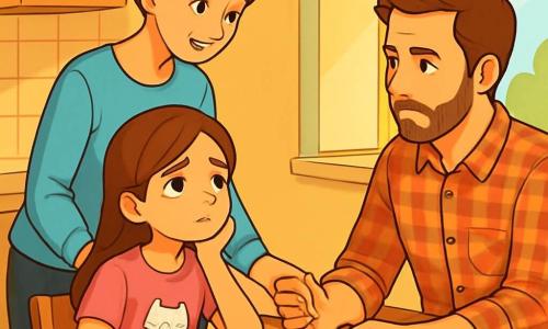 Ci sono 3 personaggi: Sofia, una ragazza di 10 anni con lunghi capelli castani e occhi marroni, indossa una maglietta rosa con un disegno di gatto e jeans blu. È seduta a un tavolo di legno, con un quaderno aperto davanti a lei, sembrando pensierosa. Mamma, una donna di circa 35 anni con capelli castani raccolti in un chignon, indossa un maglione azzurro chiaro e pantaloni neri. Sta in piedi accanto a Sofia, tenendole la mano con un sorriso dolce, cercando di rassicurarla. Papà, un uomo di 37 anni con capelli corti e una leggera barba, indossa una camicia a quadri e jeans. È seduto su una sedia di fronte a Sofia, osservandola attentamente con un'espressione seria ma affettuosa. L'ambiente è una cucina accogliente, con pareti giallo chiaro e una grande finestra che lascia entrare la luce del giorno. Sul tavolo ci sono piatti di pancake impilati e un barattolo di marmellata, creando un'atmosfera di colazione familiare. La situazione principale mostra Sofia, Mamma e Papà che discutono tranquillamente attorno al tavolo, con espressioni che mescolano tristezza e speranza. Sofia guarda il suo quaderno, mentre Mamma e Papà si scambiano sguardi comprensivi, illustrando il sostegno familiare nonostante la separazione.